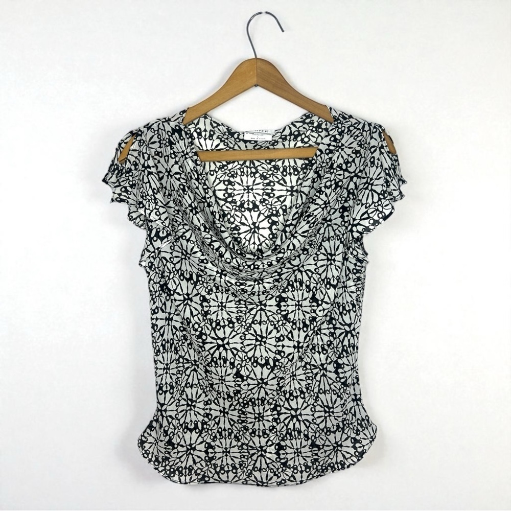 Y2K A. Byer Black & White Floral Print Artsy Cowl Neck Vintage Blouse
